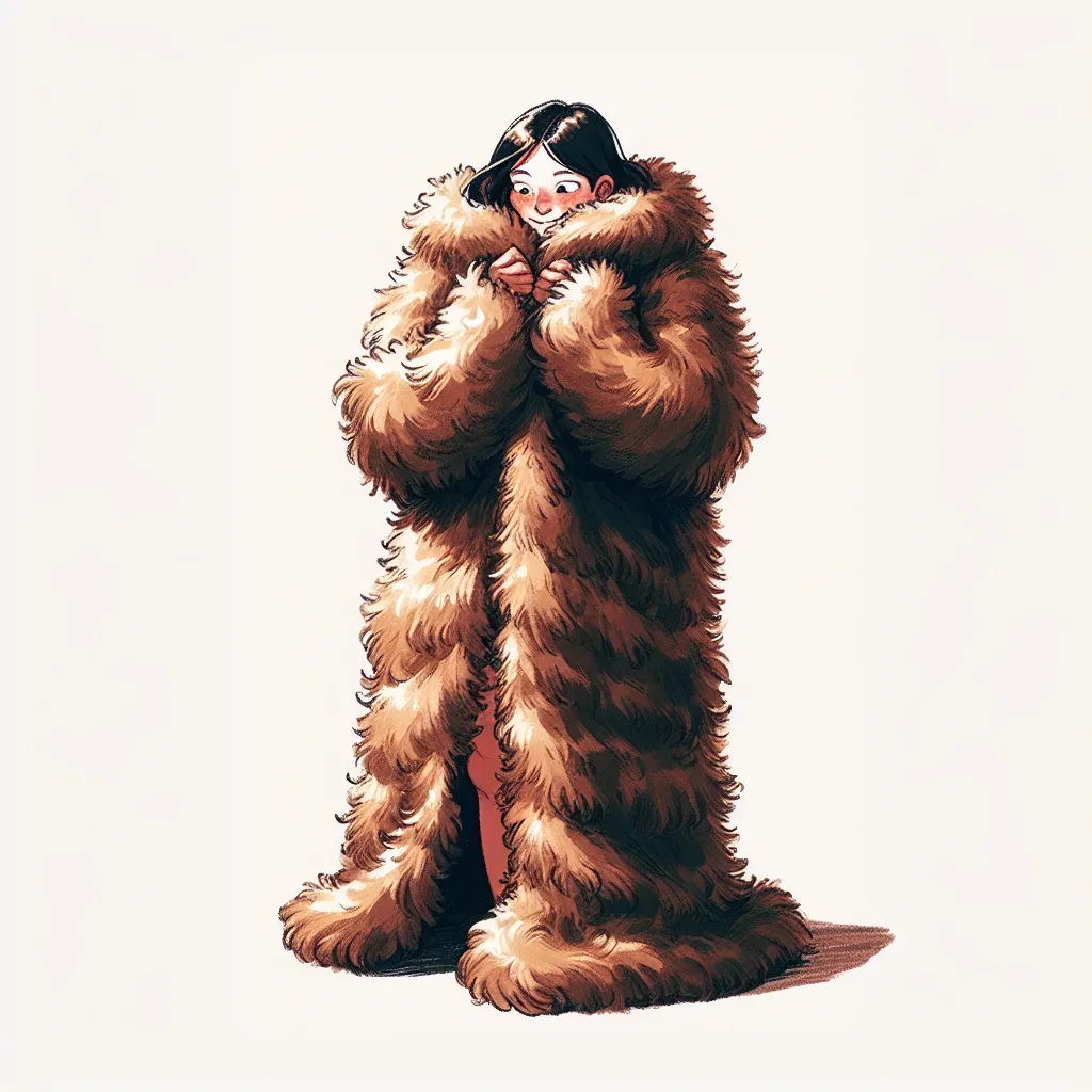 Description: An image of a woman, Kira, wearing a skinsuit made of fur that clings to her body. She is shown with a mixture of excitement and trepidation as she feels the texture of the suit against her skin. The suit is depicted as tight-fitting and pulsing with warmth, as Kira's body seems to shift and transform beneath it.