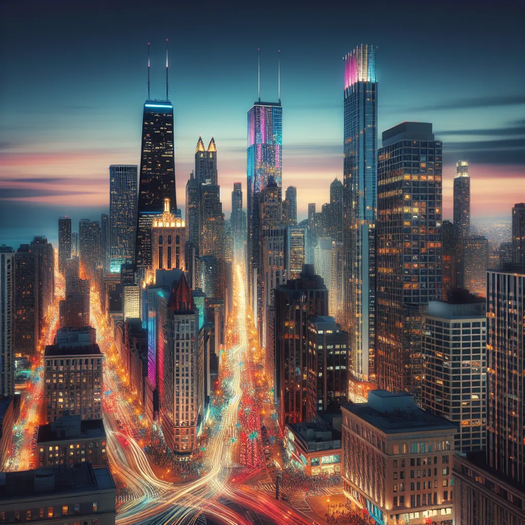 A colorful and dynamic image capturing the essence of a bustling cityscape at twilight, with lit-up skyscrapers, bustling streets, and moving vehicles creating a sense of energy and motion.