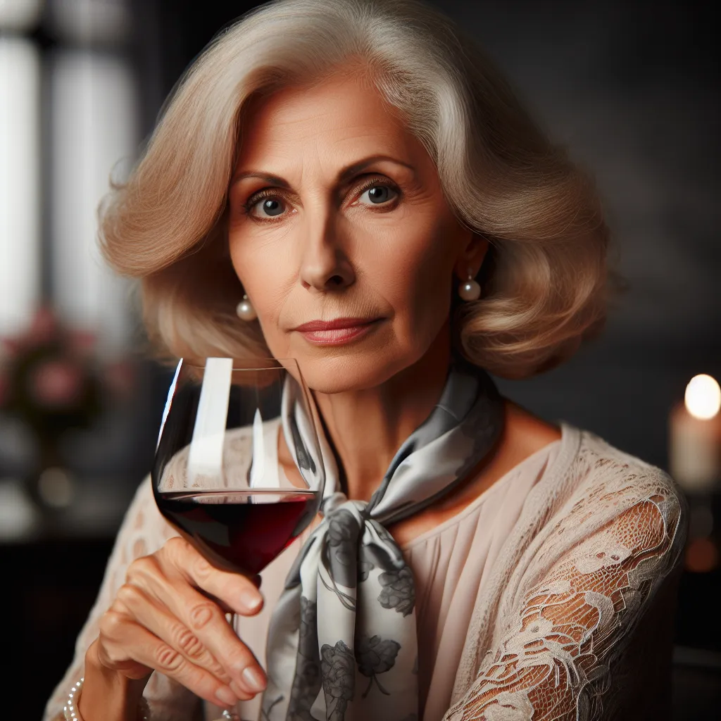 A middle-aged woman named Jessica, known locally as a "Karen" for her frequent complaints, wears an elegant outfit and sips a glass of wine.