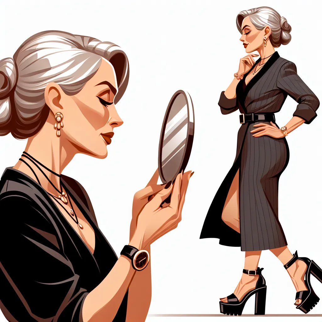 An image to accompany this story could show a young person standing in front of a mirror, wearing a sleek and stylish outfit with platform sandals. The image might emphasize the transformation from a young boy to a sophisticated woman, showcasing elements like the jewelry, makeup, and polished appearance.