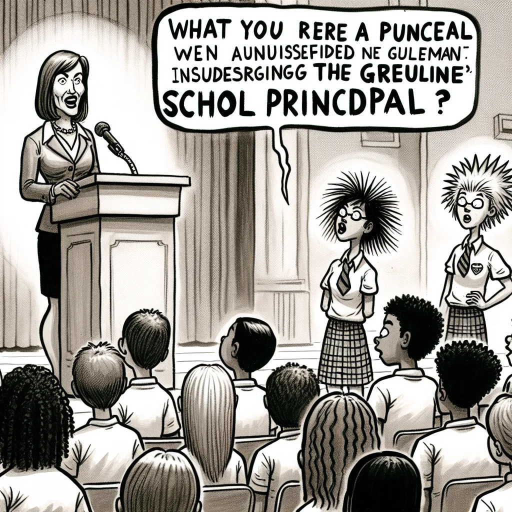 A humorous image of Principal Serena Skinner standing at a podium during an assembly, while a mysterious woman named Greta Wedding interrupts and demands to speak to the "real" Serena Skinner. The students and faculty gasp in shock while Bartina Simpson and Lisa Simpson, standing nearby, exchange amused glances.