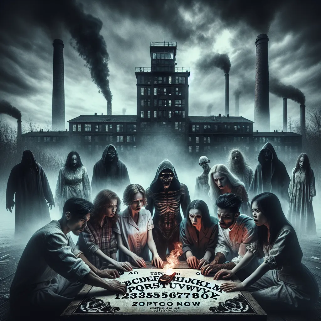 Description: The image depicts a dark and foreboding scene of an old, dilapidated hospital surrounded by a desolate industrial town. Smoke billows from factory chimneys, and the overcast sky casts an eerie gloom. In the foreground, a group of five friends huddles around a dusty Ouija board, their fingers on the planchette. The scene is bathed in an unnatural, dim light as the planchette moves by itself, engulfed in flames. Emerging from the shadows is a menacing figure named Blitzo, surrounded b