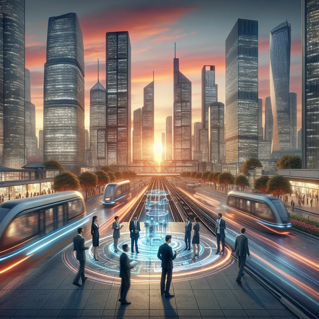 Title: "The Power of Innovation"

Description: A bustling cityscape is bathed in the warm glow of sunset, showcasing towering skyscrapers and a futuristic transportation network. People in business attire walk briskly on the streets, while sleek self-driving cars navigate seamlessly. In the center, a group of diverse professionals, wearing lab coats and surrounded by high-tech equipment, collaborate on a cutting-edge invention. The image captures the dynamic blend of modern architecture, technol