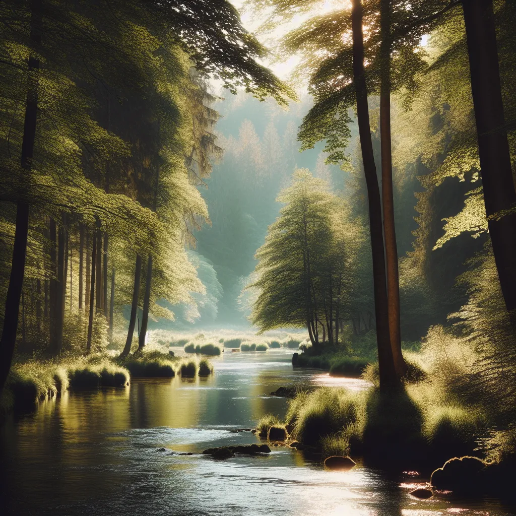 Description: A serene landscape with a calm river flowing through a lush forest. The sunlight gently filters through the trees, casting dappled shadows on the water.