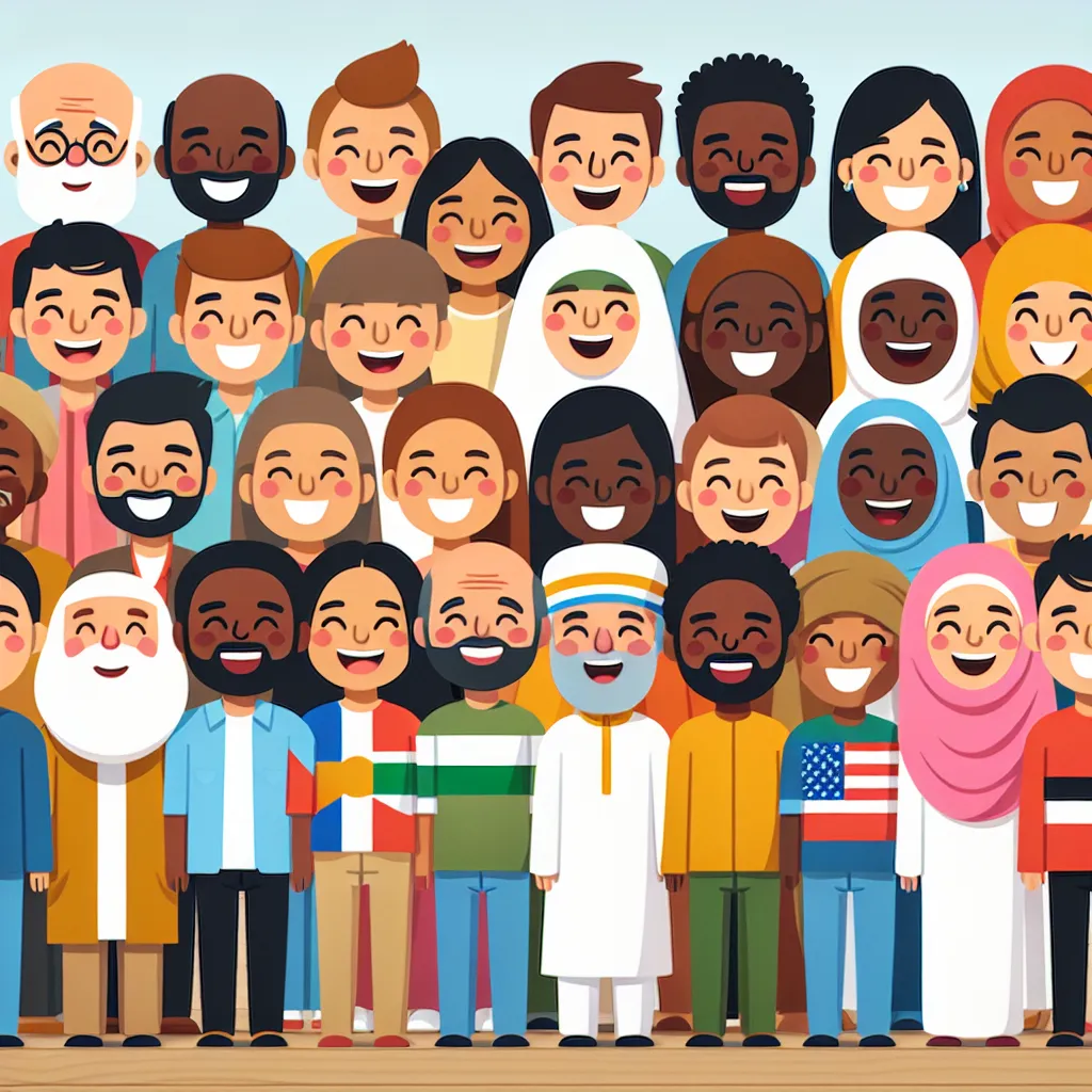 A diverse group of people from different cultures and backgrounds, standing together with smiles on their faces, representing unity and respect.