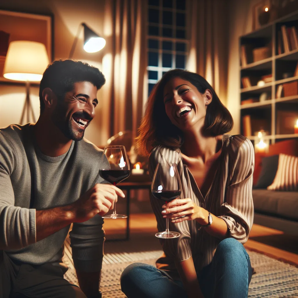A cozy living room scene with a woman and a man enjoying a playful moment of wine tasting and laughter, captured in the warm glow of lamplight.