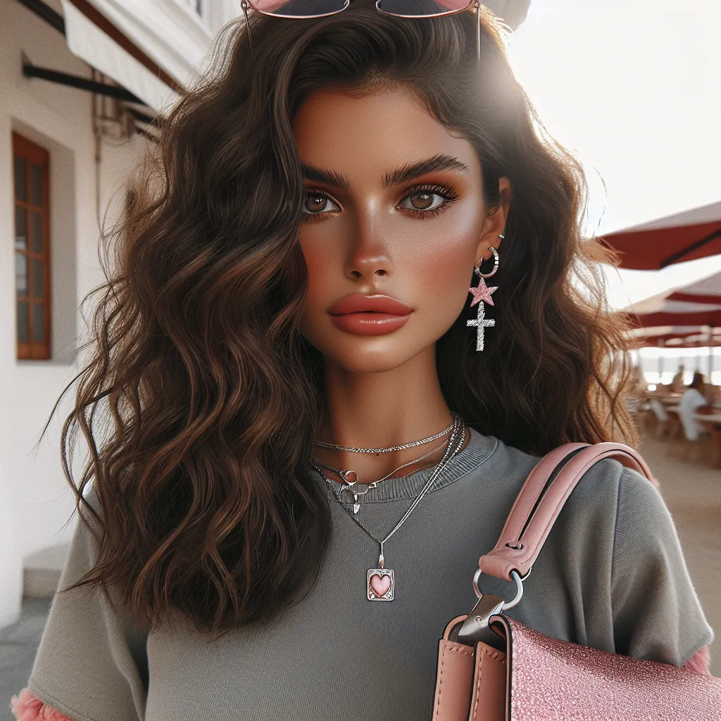 The image will feature a young woman named Courtney, depicted as confident and stylish. She has long, curly brunette hair and hazel eyes. She is wearing a tank top, short shorts, and Birkenstock sandals. Courtney is seen carrying a pink, glittery purse and wearing feminine jewelry, such as a silver necklace with a heart pendant and star-shaped earrings. She has a pair of fashionable sunglasses placed on top of her head. In the background, there may be a beach or mall setting, representing the fu