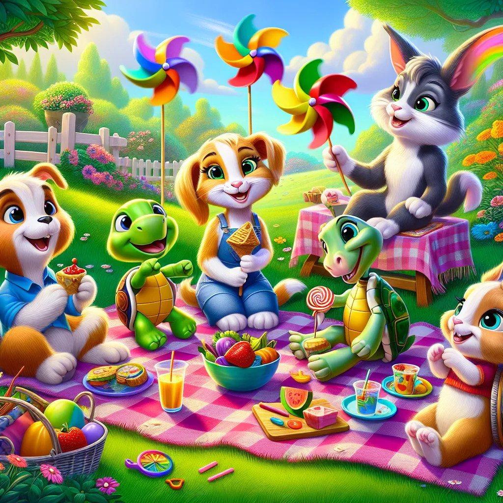This image will depict a group of anthropomorphic animals from the Littlest Pet Shop world engaging in a backyard picnic. The diverse cast of characters includes a dog, cat, turtle, hamster, and goat, each displaying their unique personalities and animated expressions. They are gathered around a picnic blanket with food and props, with one character playfully hypnotizing another with a spinning pinwheel. The setting is vibrant and cheerful, capturing the lighthearted and whimsical essence of the