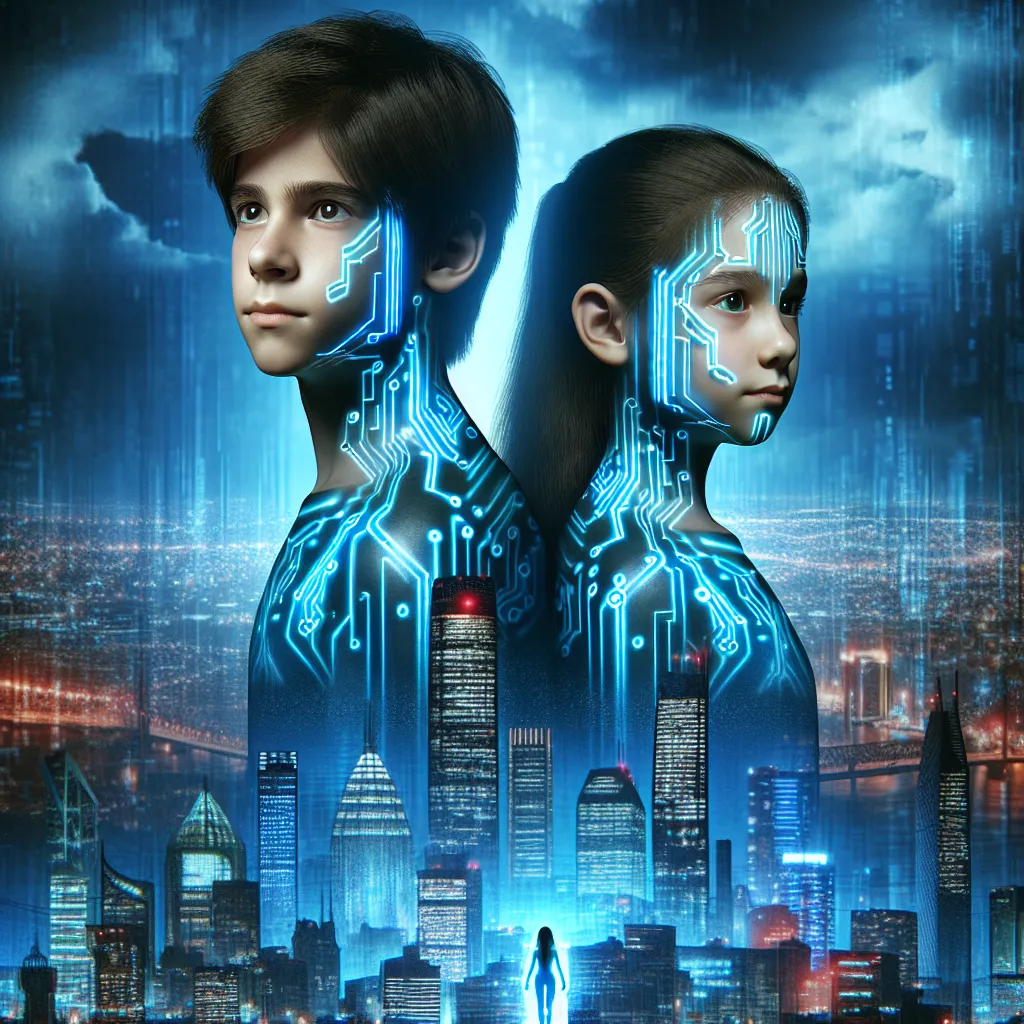 Image Description: The image depicts Misaka Mikoto and Kamijou Touma standing back to back, their bodies overlaid with circuitry patterns and glowing in vivid electric blue. Their expressions convey determination and resolve, while the backdrop showcases the contrasting landscapes of Academy City, with its gleaming futuristic skyline against a dark, ominous sky.