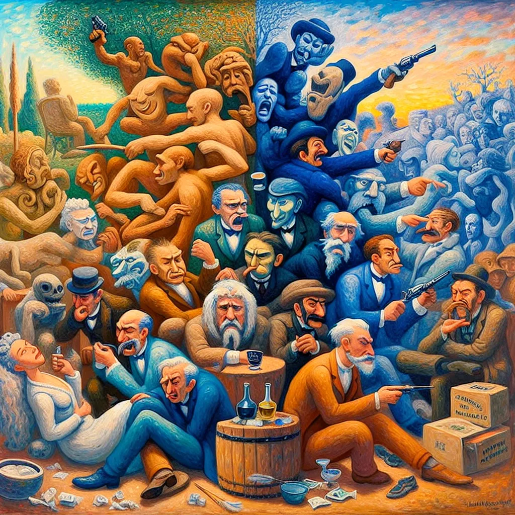 Conflict, Harmony, Friendship, Absurdity, Cartoon in the style of Monet