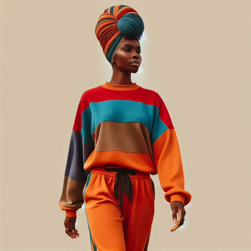 A sassy, middle-aged African American woman named Yvonne confidently walks with her head held high, sporting a stylish turban, vibrant sweatshirt, and matching sweatpants, as she prepares to run errands.