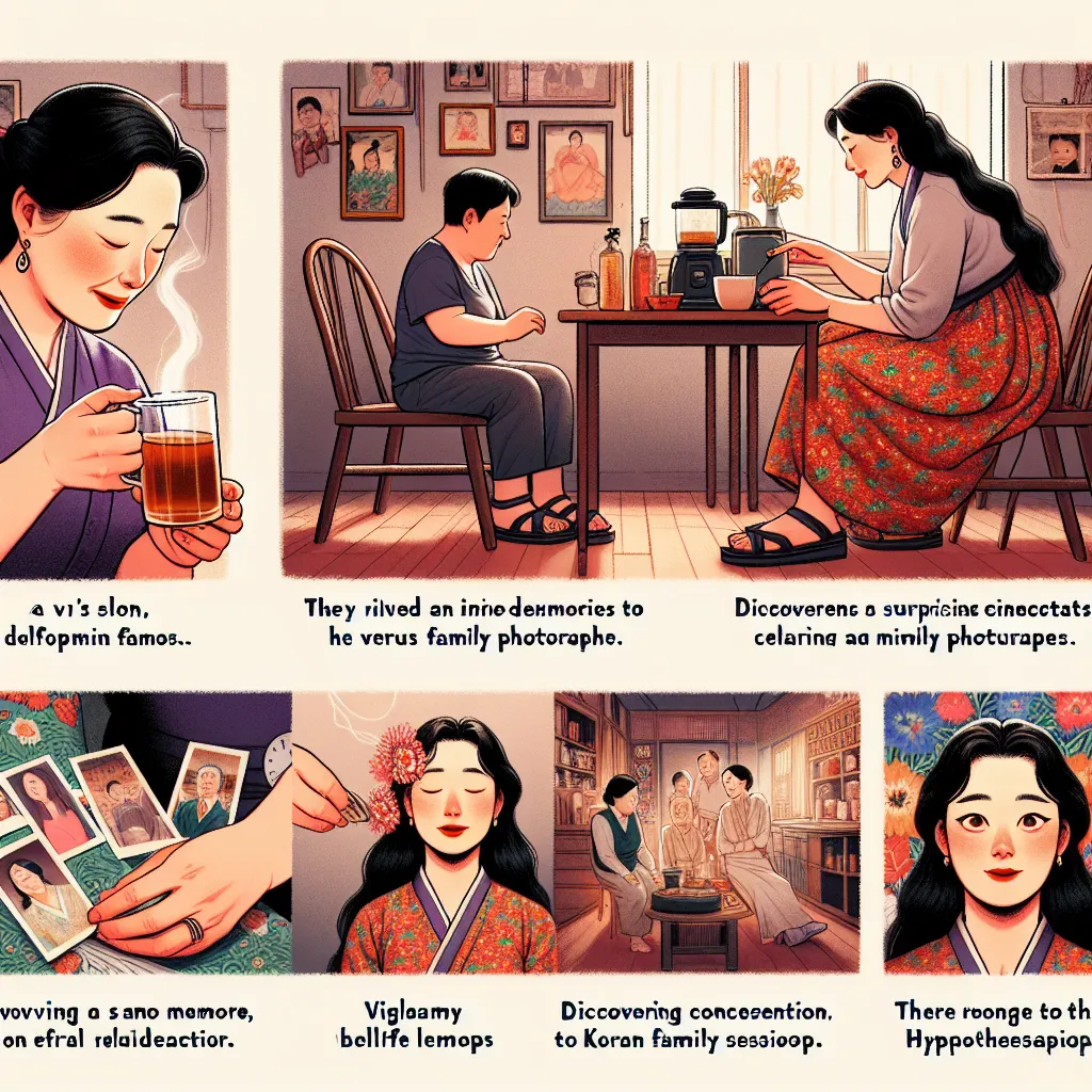 A Korean woman, Ah-young, brews tea in her kitchen surrounded by family photos. She reminisces about her life as she dons her familiar platform sandals, sharing a tender moment with her husband, Min-Jun. At the hair salon, she feels a sense of longing and encounters a mysterious memory that leads her to explore her Korean heritage at a cultural festival. Later, Ah-young discovers an old family photo and seeks answers through hypnotherapy, uncovering connections to a past life. With newfound clos