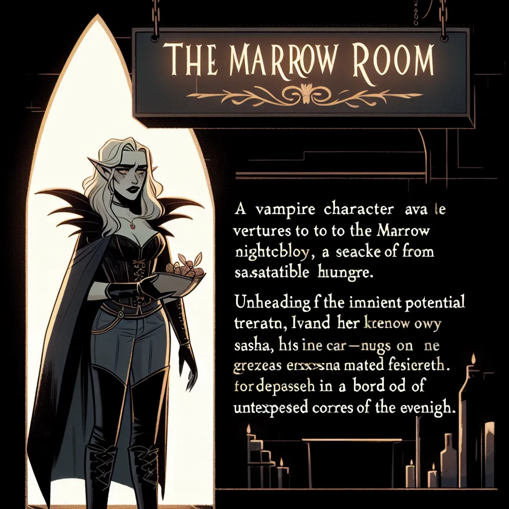 A vampire named Calista visits The Marrow Room, a club owned by Sasha, seeking solace from her unrelenting hunger. Despite the looming danger, Sasha offers her kindness and understanding, forging an unlikely bond in the shadows of the night.