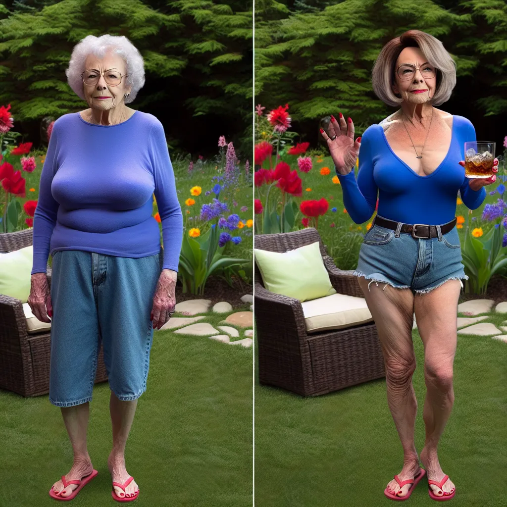 The image accompanying this story could be a close-up of Margaret, the transformed Max, standing in a peaceful garden with flowers in the background. Margaret is shown wearing a blue tank top, denim shorts, and flip-flops with painted red nails, holding a glass of bourbon. She has a confident and content expression on her face.