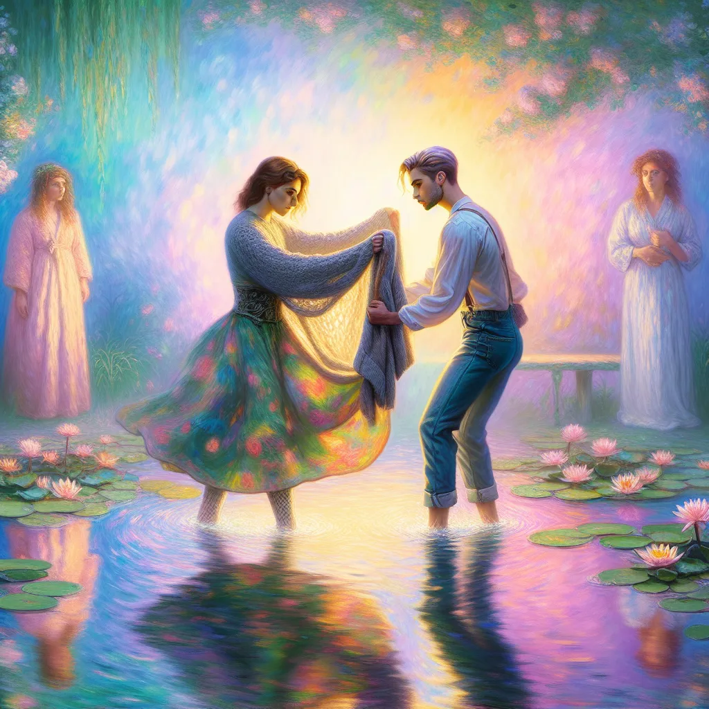 Gender dysphoria, Body swap, Identity, Magical transformation, Struggle in the style of Monet