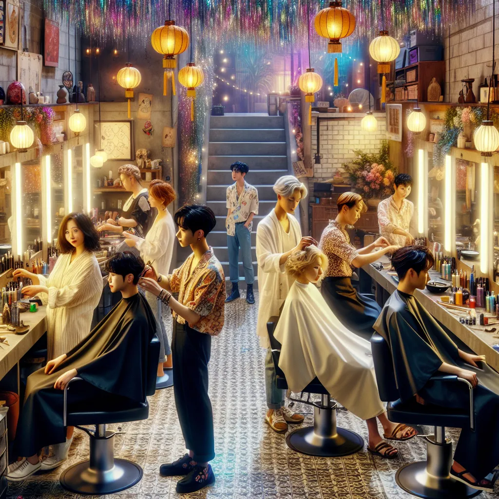 A detailed image depicting the scene at a bustling hair salon named "Seoul Beauty," with the stylists all engaged in their tasks while a young boy, Oliver, nervously awaits a haircut. The stylists, Mi-Young, Eun-Ji, Soo-Min, Ji-Hyun, and Min-Seo, are depicted with unique styles, clothing, and jewelry, working together with whispered tones of enchantment. Oliver, with sandy blonde hair and blue eyes, sits in a chair, surrounded by magical tinsel and lanterns. The moment captures a blend of ordina