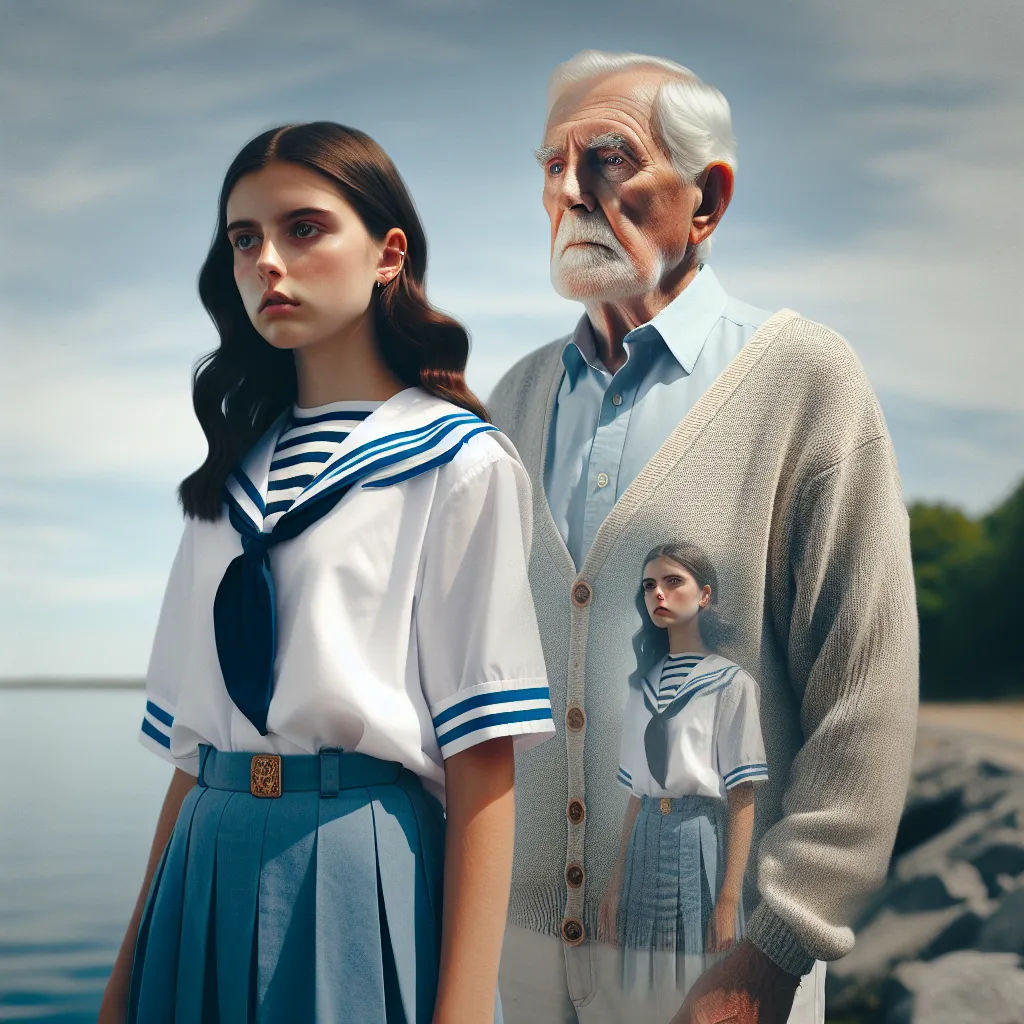 Image: An older individual with a serious expression, embodying authority, standing in the body of a young woman with a confused and vulnerable look on her face. The scene captures the moment of body swap, with the older person now inhabiting the petite brunette's body, dressed in a white sailor shirt and a blue one-piece swimsuit. The image conveys the contrast between their original identity and their new appearance, highlighting the emotional complexity of the situation.