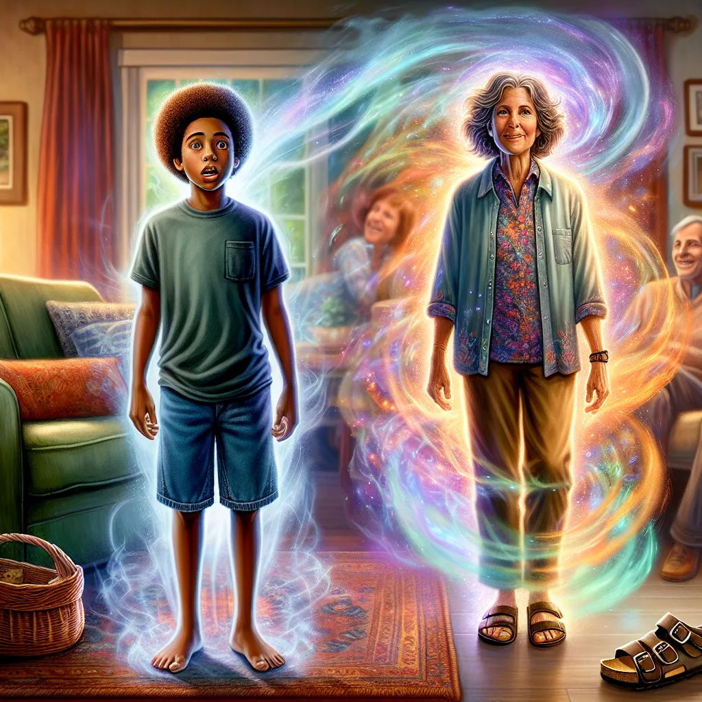 A tale of metamorphosis: A young boy named Timothy transforms into a middle-aged woman named Pamela through a series of bewildering changes as he accidentally steps into his Aunt Pam's Birkenstocks. The image captures Timothy's shock and confusion as he undergoes the unexpected transformation, his expression mirroring the turmoil of this extraordinary experience.