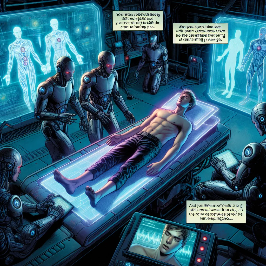 In the dimly lit Autobot base, Sam Witwicky lies unconscious on a cot, while Bumblebee and Ratchet attend to him. Optimus Prime enters, concerned, as Ratchet explains that Sam's mind is synchronizing with the consciousness of Elita One, a long-lost warrior. Sam suddenly awakens, his eyes glowing purple, revealing that he now shares Elita's identity. Optimus and Ratchet seek a way to separate them, but Elita-Sam suggests that their combined strength may be their greatest asset in the battle again