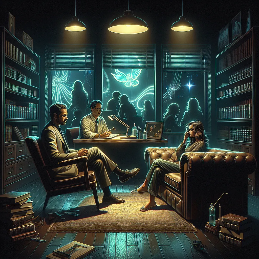 An image showing a dimly lit office with a plush sofa and bookshelves filled with leather-bound books. The room exudes an air of mystery and tension. A psychologist, Dr. Marcus, sits across from Chloe, who appears distressed. The image captures their emotional conversation as Chloe opens up about the profound emptiness she feels after her sister's disappearance. The image also hints at the nightclub that Chloe and her sister co-owned, with neon lights and pulsing music illuminating the room beyo