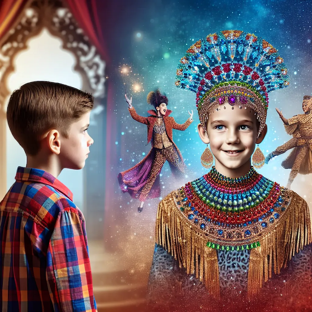 A young boy named Connor undergoes a magical transformation into the glamorous pop star Chappell Roan, complete with a vibrant outfit and accessories to match. The image depicts Chappell Roan in her extravagant attire, exuding confidence and flair as she revels in her newfound persona.