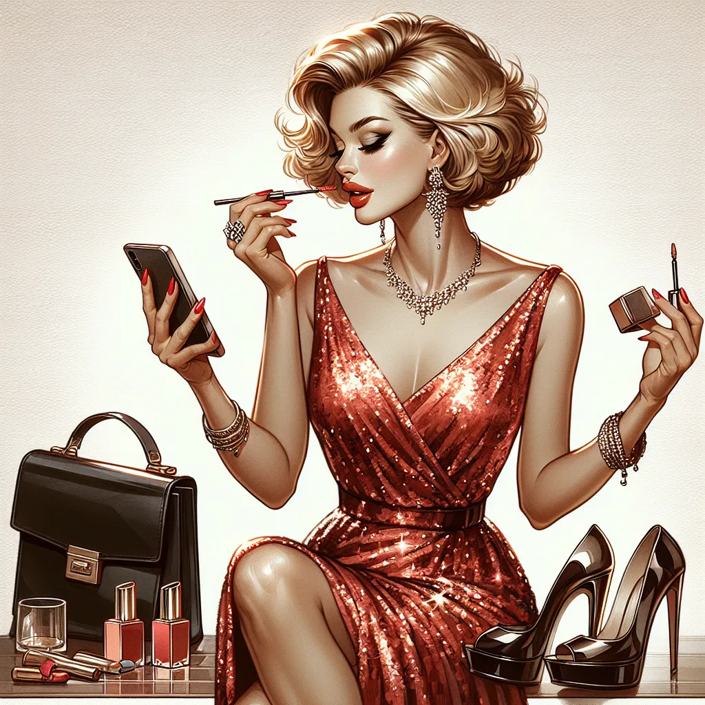 The image accompanying this story could be a depiction of Jessica, a 55-year-old woman, getting ready for her birthday dinner date. She is wearing a sleeveless, elegant, red dress with sequins and platform sandals with a 4-inch heel. Jessica has short, wavy blonde hair and is applying makeup, including lipstick. She is seen holding a black leather clutch purse and her phone. The image should reflect her stylish appearance and confidence.