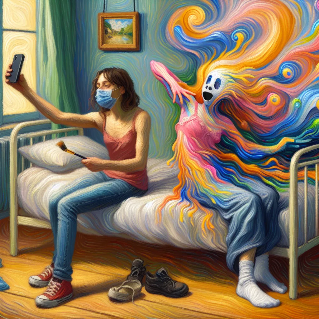 Virus, Transformation, Roommate, Humor, Selfie in the style of Monet