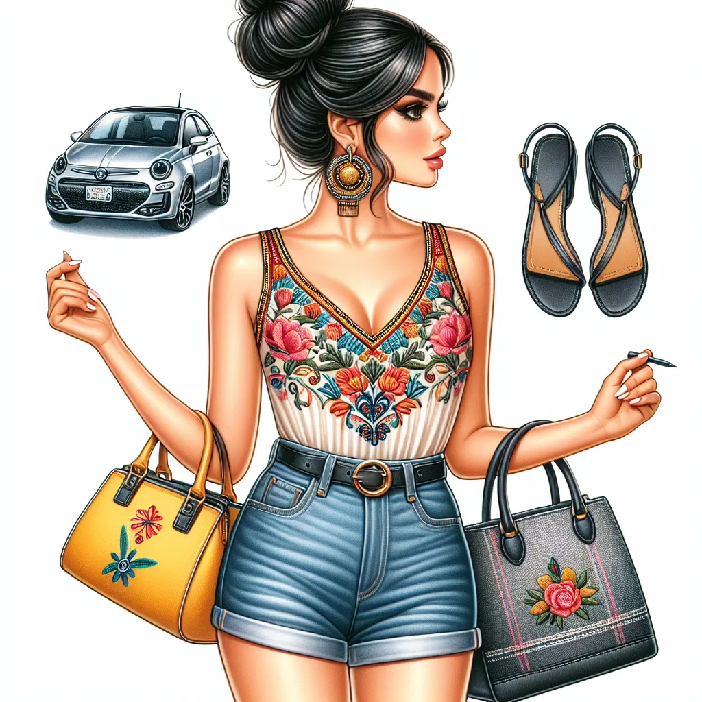 A close-up image of Isabela, a confident woman with dark hair in a bun, wearing a colorful embroidered tank top, denim shorts, and flat Mexican-style sandals. She is holding a toy car in her hand, while her purse and sunglasses are visible in the background.