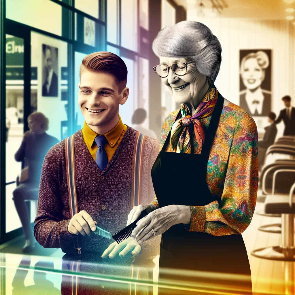 A bright and sunny day, a young boy named Timmy embarks on his first visit to a hair salon. A friendly Korean woman named Mrs. Kim greets him as he enters the modern salon. But as Timmy accidentally steps into Mrs. Kim's platform sandals, a transformation ensues, aging him into an elderly woman with Mrs. Kim's likeness. Unfamiliar with her new identity, she goes about her role as a hairdresser, exuding warmth and an air of contentment. This image depicts an elderly woman holding her husband's ha