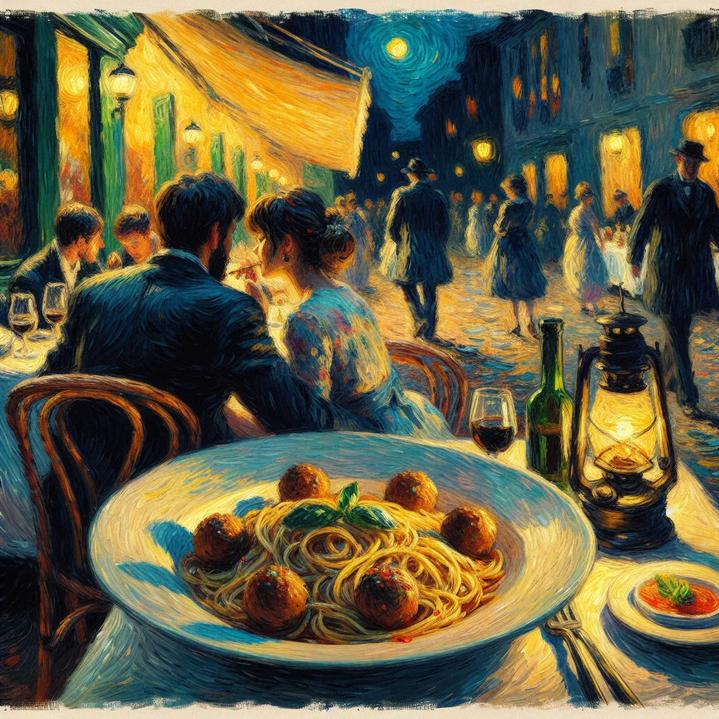 Spaghetti, Meatballs, Italian, Bistro, Date night in the style of Monet