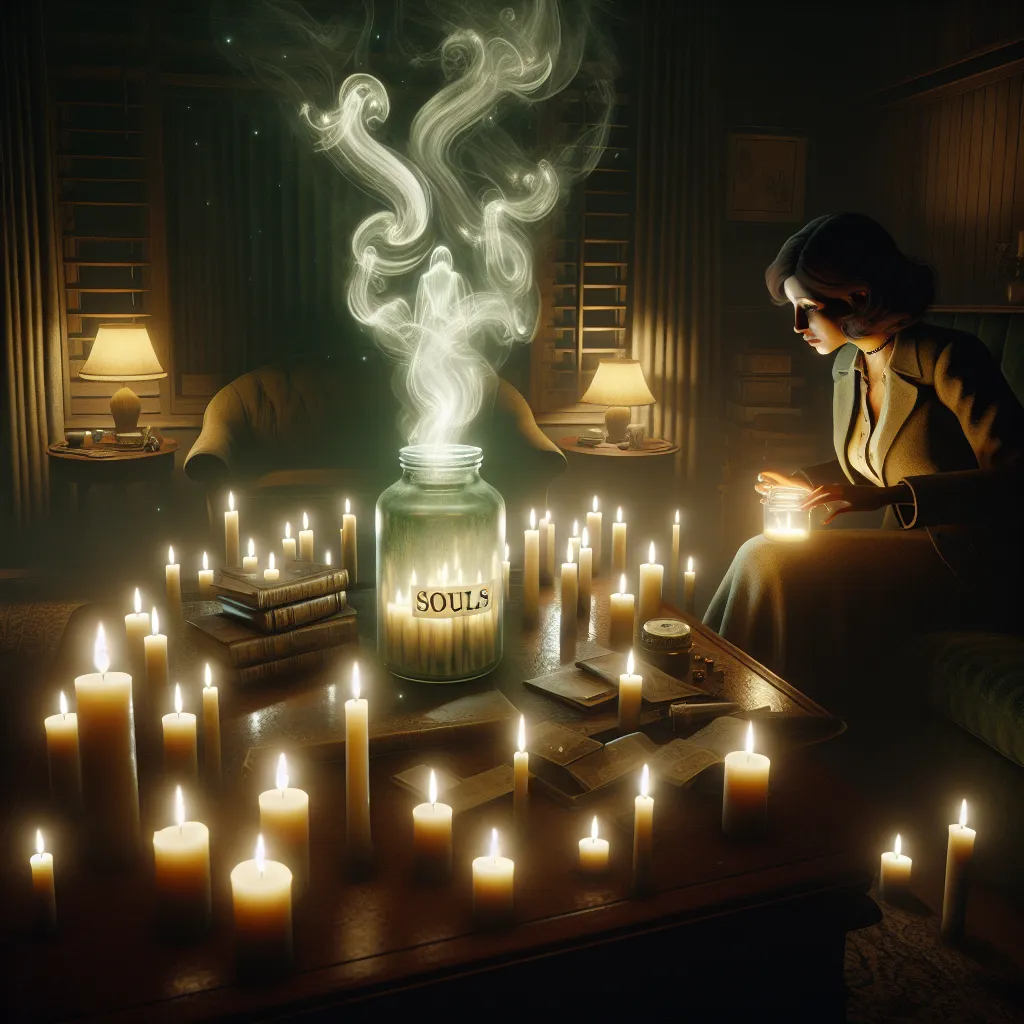 A dimly lit living room with flickering candles sets the scene for an unexpected encounter with a jar of souls. Wispy spirits escape, possessing Liz with a 1920s mobster persona named Vinnie Russo. Amidst chaos and curiosity, the protagonist navigates the bizarre situation, eventually returning Liz to herself.