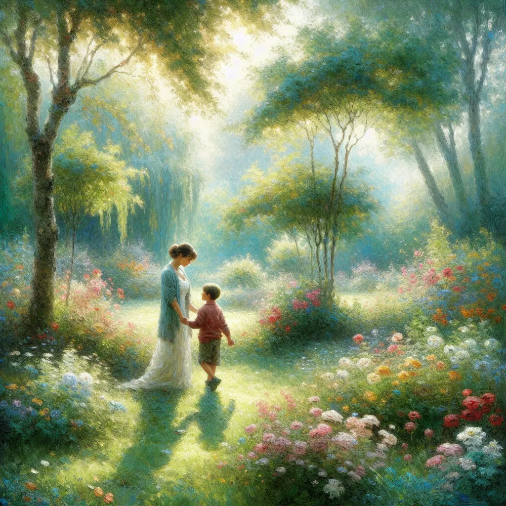 Boy, Mother, Play, Transformation, Memory in the style of Monet