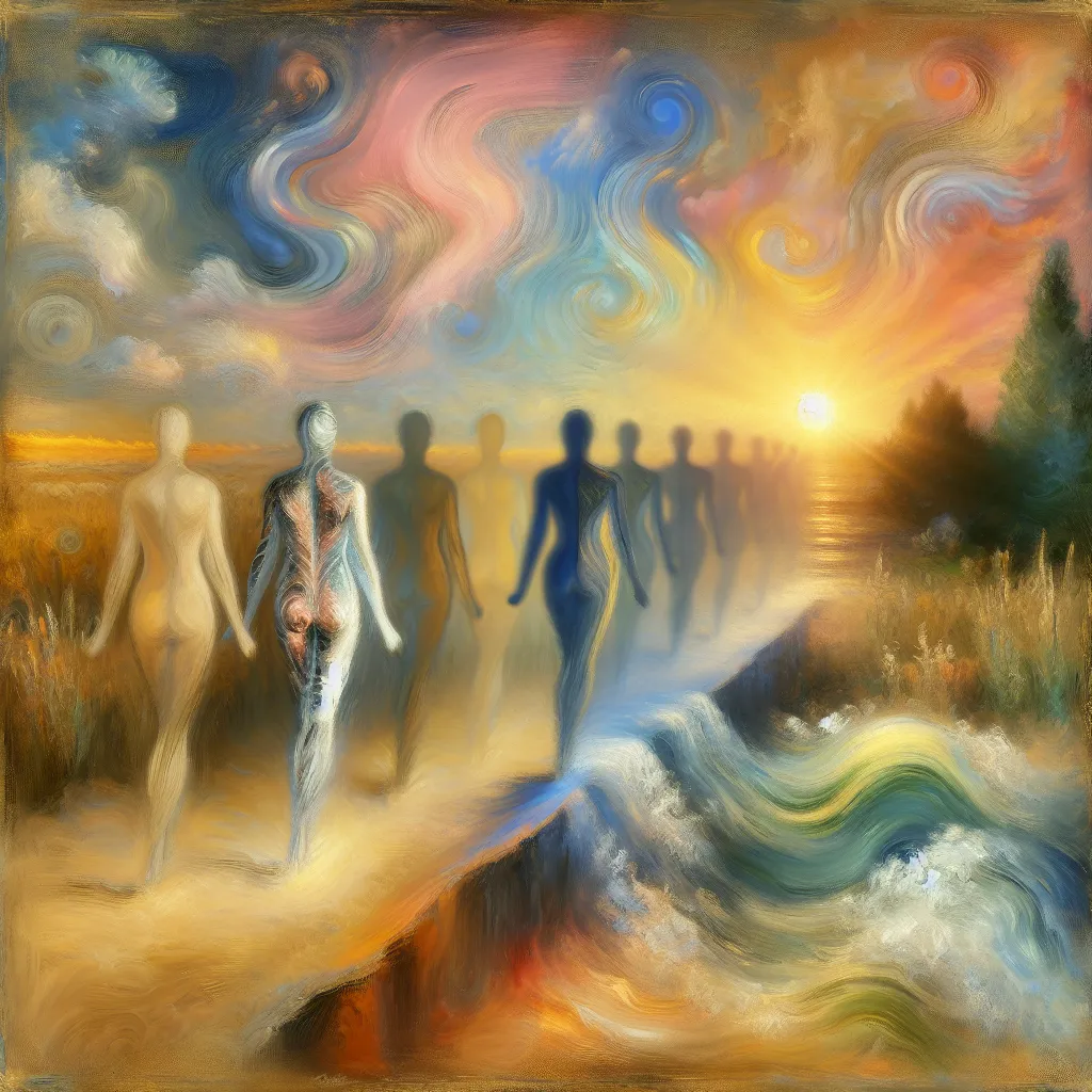 Gender transformation, Identity shift, Memory loss, Transformation detail, Style adaptation in the style of Monet