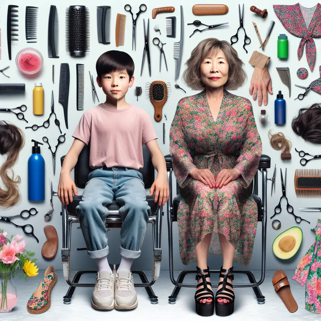An image showing a young boy named Timmy, a Korean woman named Mrs. Kim, and a shop setting with various elements like hair cutting tools, floral blouses, and platform sandals. The image captures a moment of confusion and transformation as Timmy and Mrs. Kim swap bodies, leading to a day of challenges and unexpected connections in the busy barber shop.