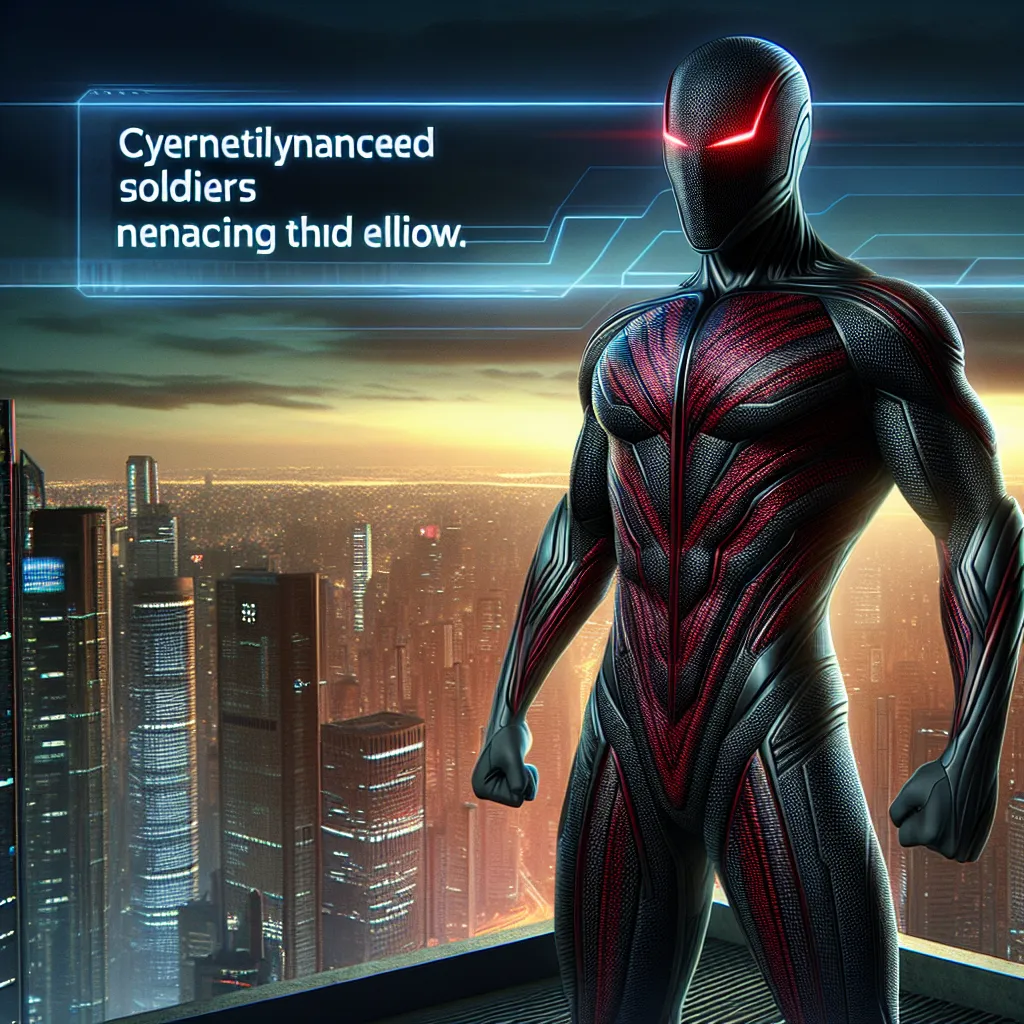 An image of Red Tiger, a superhero with black and deep red nanofiber suit resembling the stripes of a tiger, standing on a rooftop ready to confront the menacing General Kuro, who threatens the city with cybernetically-enhanced soldiers.