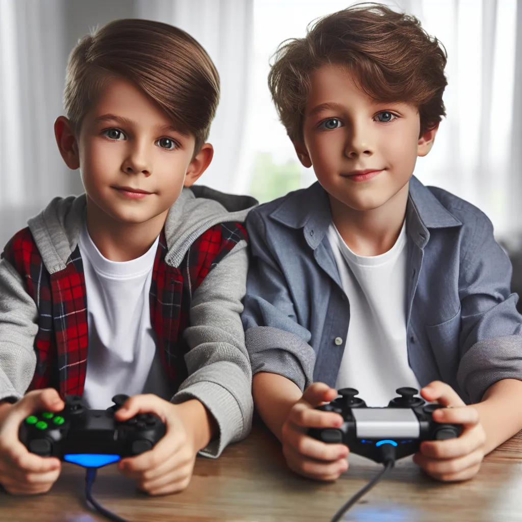 An image of a young boy, Billy, and his friend Emma playing video games together. They are both 6 years old and are wearing casual clothing.