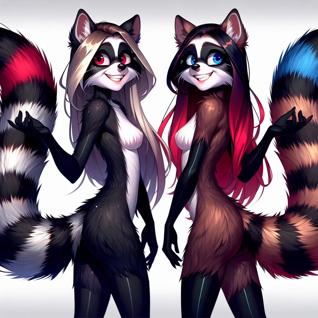 Description: Two girls, Liza and Emily, transformed into vibrant cartoon-like raccoon creatures with furry bodies, pointy ears, and long, colorful tails. They stand proudly, grinning as they showcase their new anthropomorphic forms. Liza's fur is a sleek black with silver strands, while Emily's fur is a dark combination of red and jet black. They are filled with awe and exhilaration, ready to embark on a series of outlandish escapades.