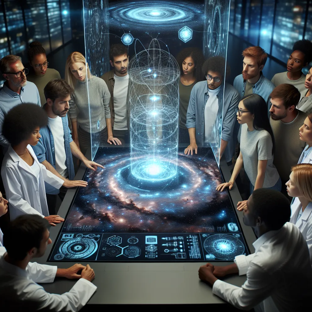 A group of scientists gathers around a holo-display, analyzing a deep-space anomaly emitting a faint energy signature. The anomaly, displaying signs of intelligent patterning, reveals a series of mathematical equations and a star map. The team realizes it is a distress call from an advanced civilization, prompting them to investigate the mysteries hidden among the stars.