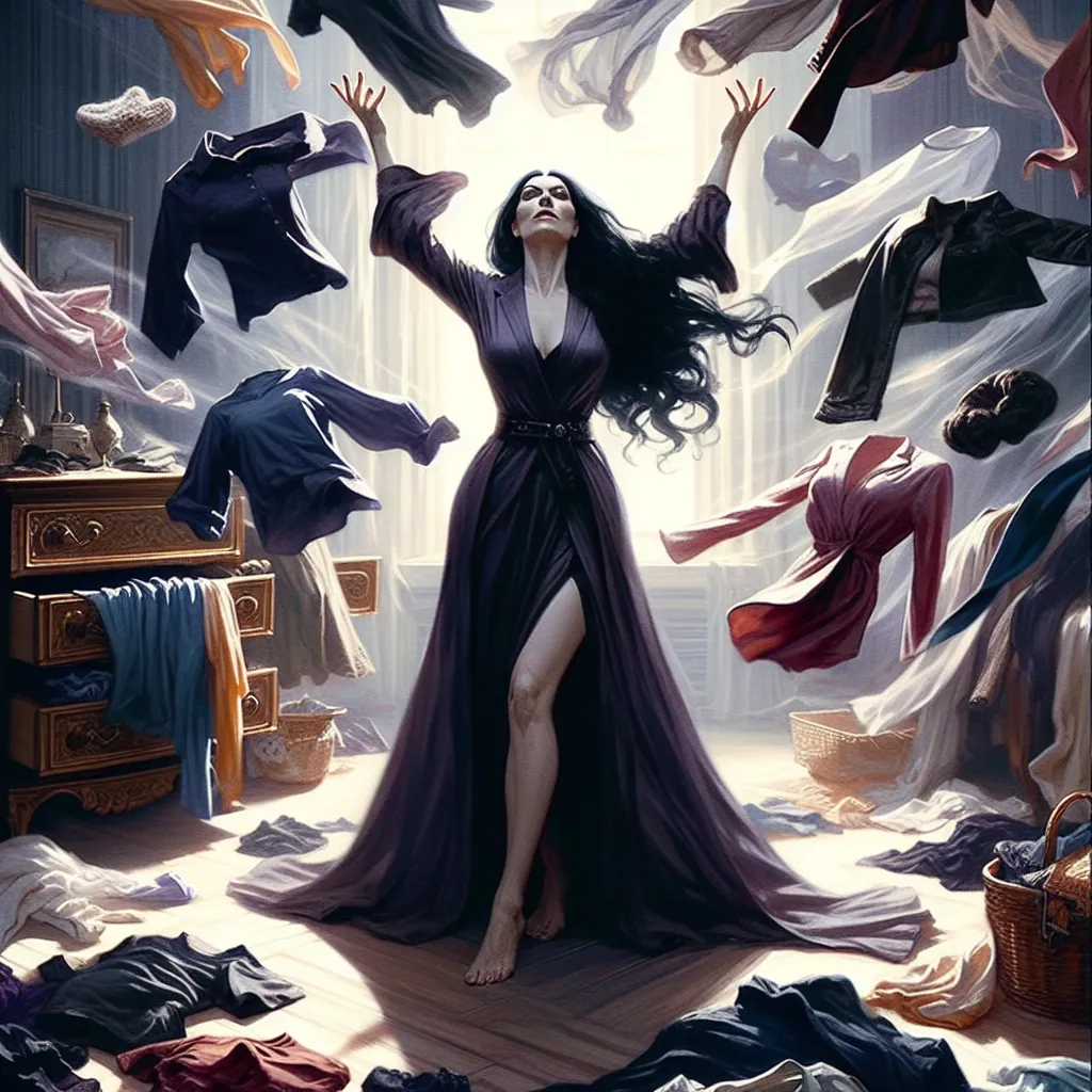 The image accompanying this story is of a sorceress named Zatanna standing in the center of her cluttered, chaotic bedroom. She is dressed in elegant sorceress robes, with raven-black hair flowing down her back. Surrounding her are floating articles of clothing: shirts, dresses, socks, and accessories, all levitating in mid-air. Zatanna raises her hands, casting a spell to organize the chaos. The clothes begin to swirl and dance, arranging themselves neatly. However, her concentration falters, a