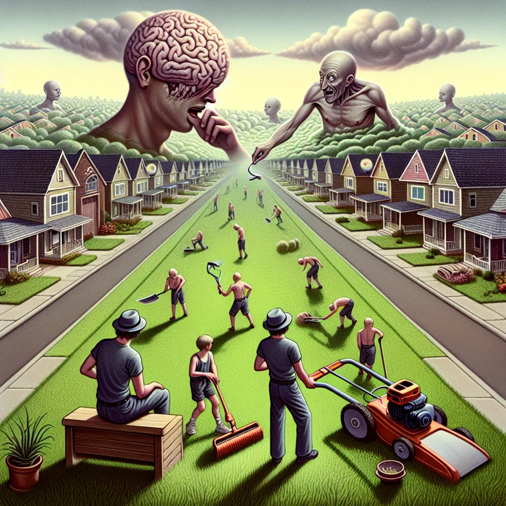 The image will depict a surreal landscape with a neighborhood filled with headless bodies going about their daily routines. The protagonist, Lukas, will be shown observing Mr. Hawthorne's headless body mowing the lawn, showcasing Lukas' newfound ability to control these headless beings in his dream. The image will capture the tension between Lukas' curiosity and his internal struggle with the boundaries set by his religious upbringing, hinting at the exciting and mysterious journey that awaits h