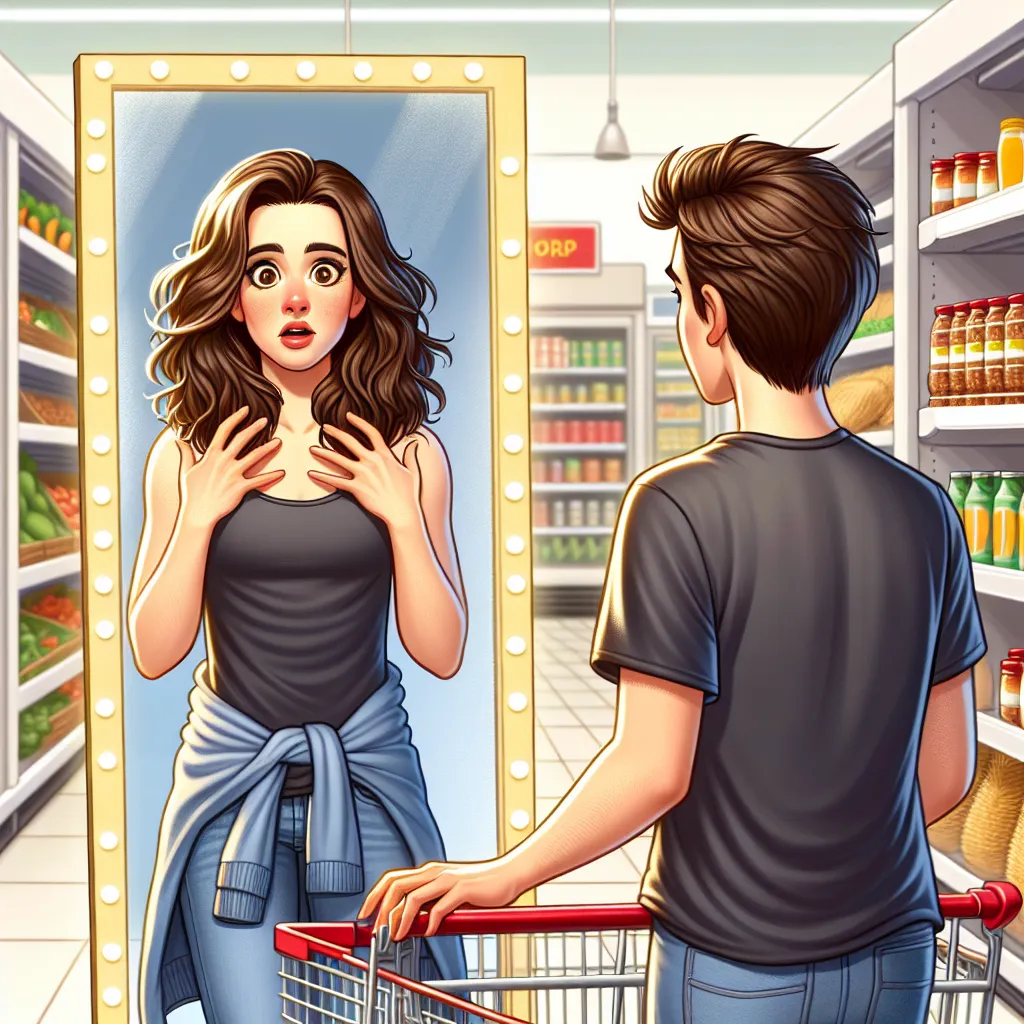 A bewildered Ethan, now transformed into Sophie Davies after a chance encounter in a supermarket aisle, stares at his new reflection in a nearby mirror.