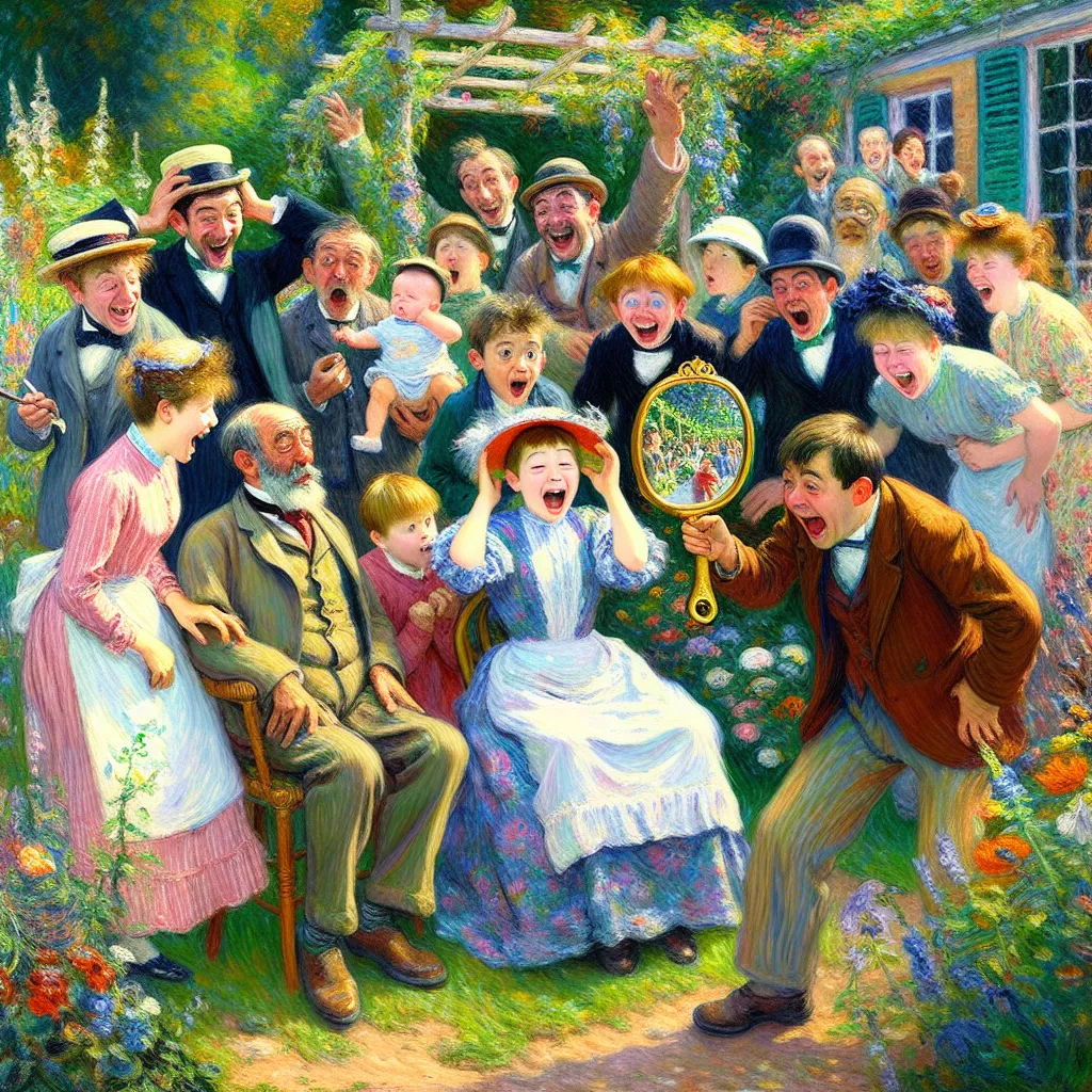 Family, Pranks, Possession, Transformation, Humor in the style of Monet