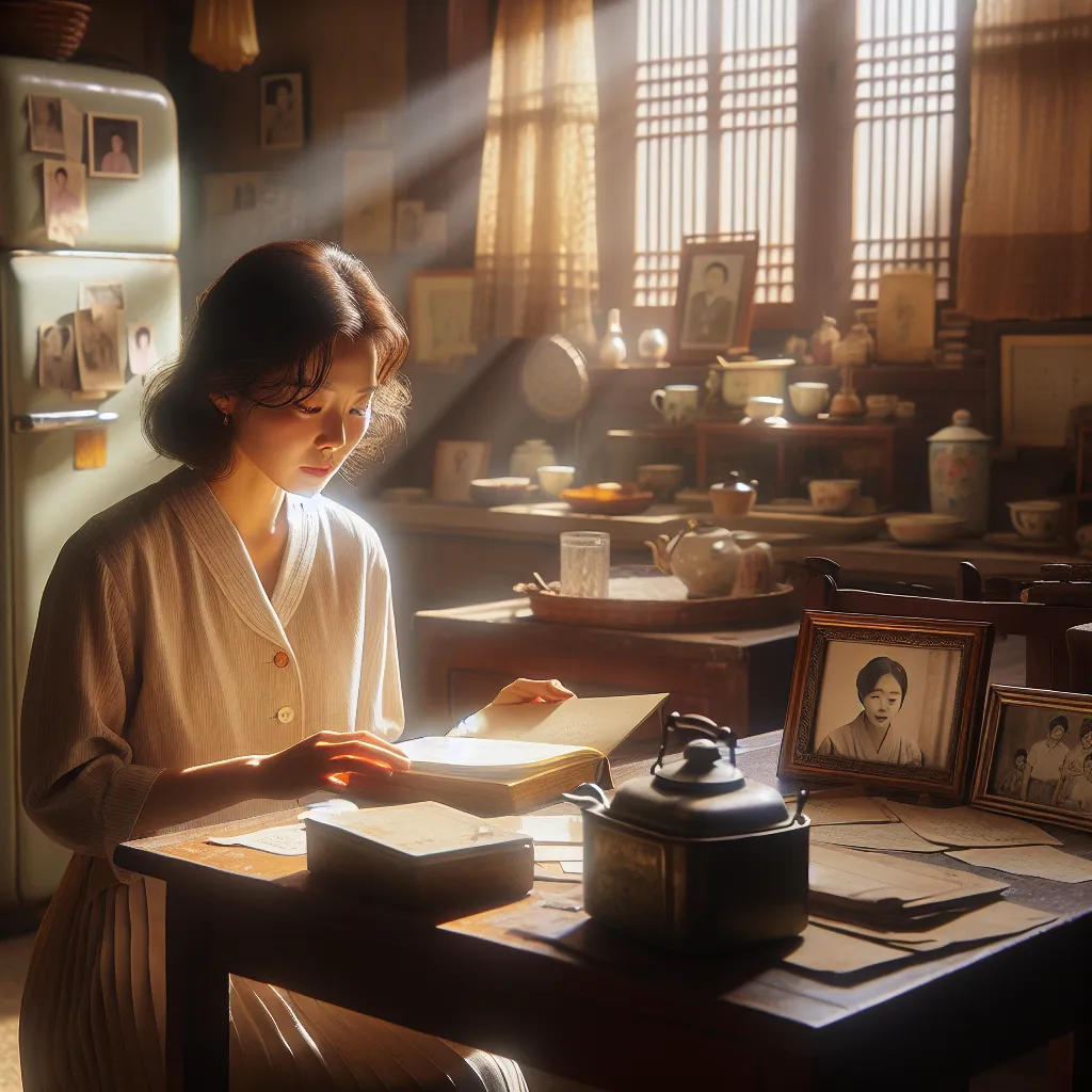 A poignant moment in Sun-hee's day, as she navigates through familiar routines and unexpected feelings, marked by fragments of her former self.