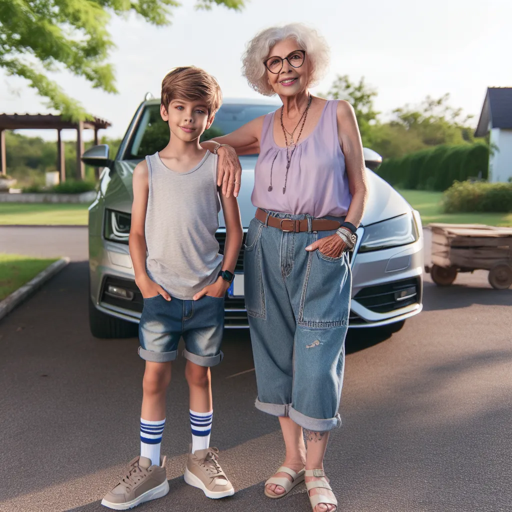 An image of a young boy named Frankie standing next to an old woman named Harriet. Frankie is wearing a tank top, shorts, and sneakers, while Harriet is wearing a lavender tank top, knee-length denim shorts, and beige sandals. Harriet has silver curly hair, is wearing glasses, and has several pieces of jewelry. They are outside, next to a car, with a peaceful suburban neighborhood in the background.