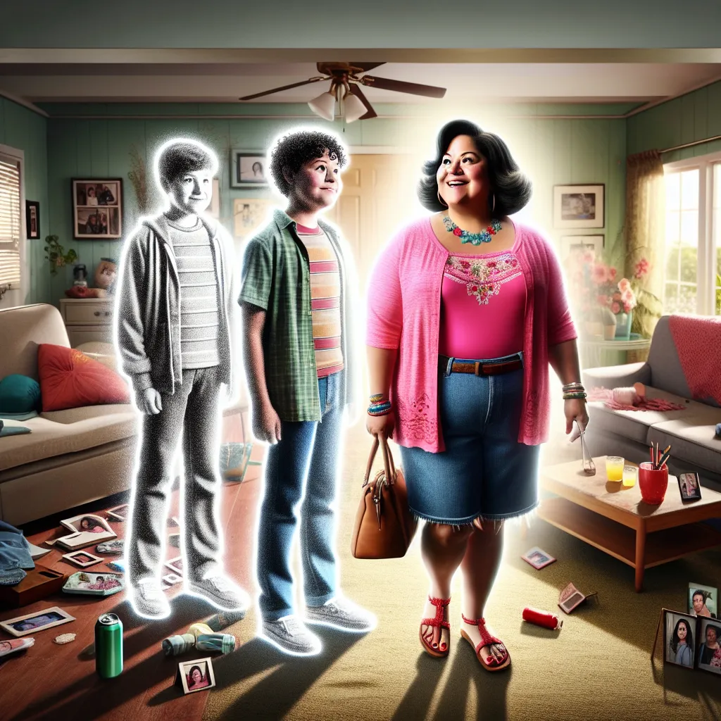 Image of a transformation story showing a young boy named Oliver gradually changing into a robust, loud, and loving woman named Mrs. Reyes in a suburban living room. Mrs. Reyes, in a bright tank top and denim shorts, is holding a purse, wearing sandals with red nail polish on her toes, and standing amid the chaos left by the transformation process. The room features toppled furniture, spilled drinks, scattered photo frames, and a beam of sunlight through the window.
