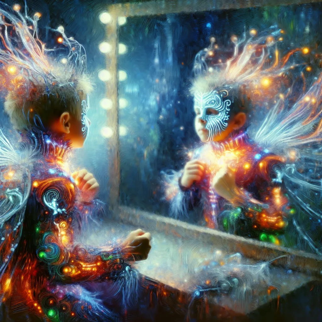 Boy, Halloween, Costume, Transformation, Reflection in the style of Monet