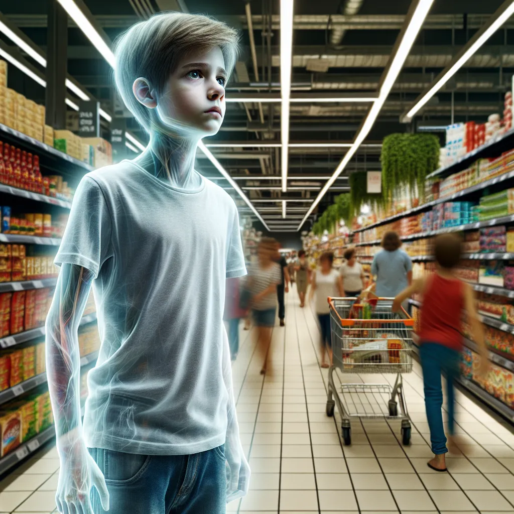 An image of a young boy named Oliver, invisible and disoriented, standing in a grocery store aisle, his small, ghostly form unnoticed by the bustling shoppers around him. He clutches a tiny glass bottle of cuticle oil, bewildered by his transparent limbs and unfamiliar surroundings.