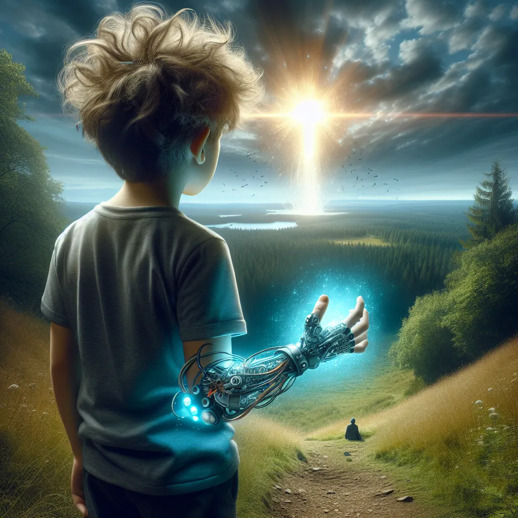 A young boy with unruly curls stands atop a hill, looking towards the distant woods where a bright flash of light illuminates the sky. In the foreground, an intricate device fused to his wrist glows with otherworldly energy.