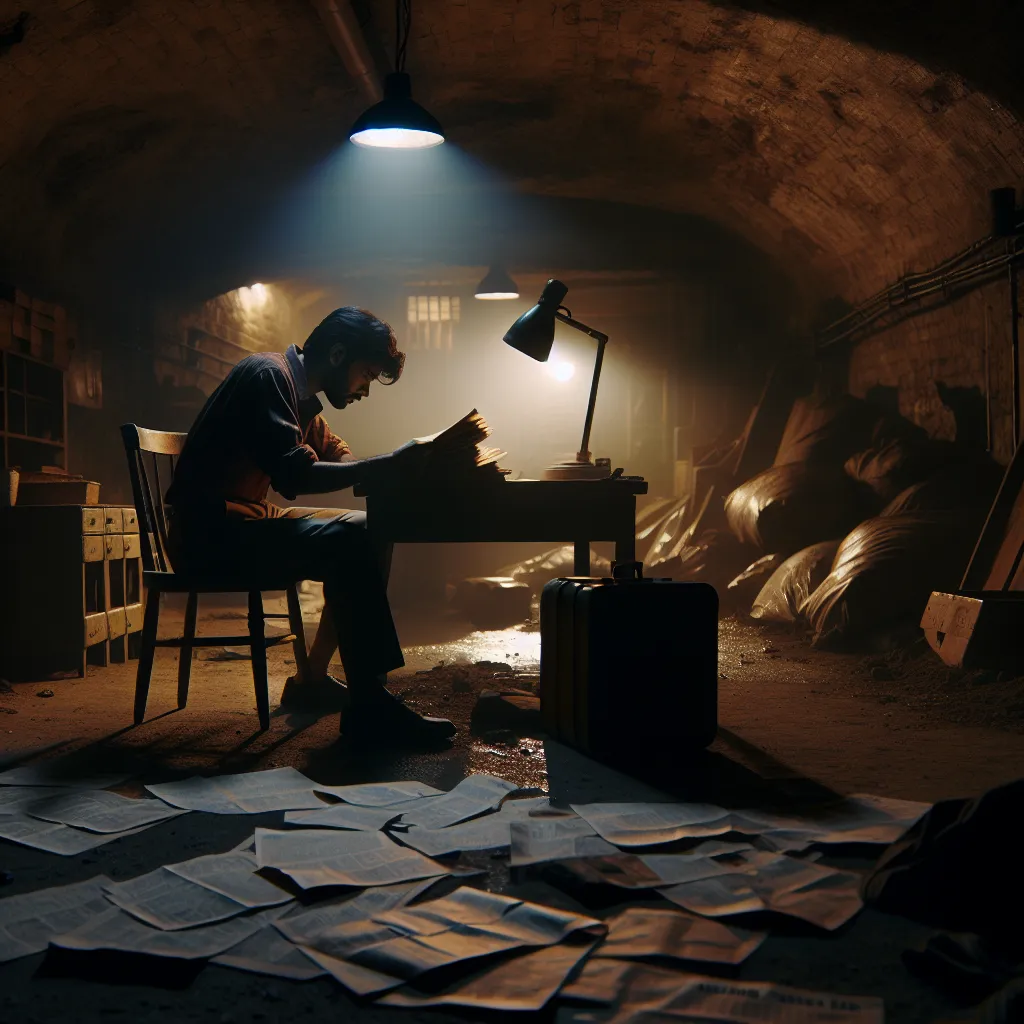 The image will feature a dimly lit underground hideout with a flickering lamp casting shadows on the walls. A figure is hunched over a stack of newspapers, studying them intently. In the background, another figure is seen showering in a small corner, surrounded by the remnants of a recent escape. The atmosphere is tense and filled with a sense of urgency and suspicion, capturing the essence of mystery and betrayal in a clandestine setting.