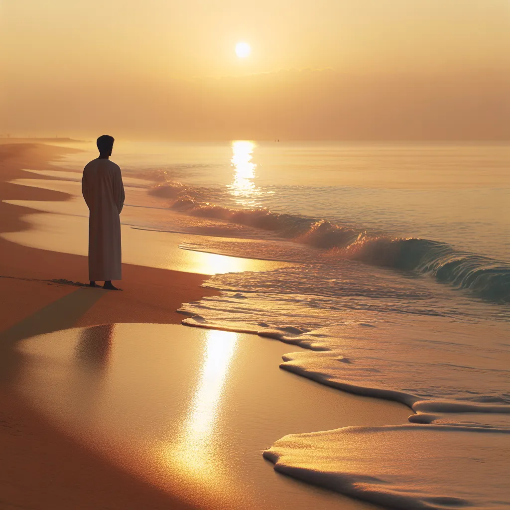 A tranquil beach scene at sunrise, featuring soft golden light reflecting off calm ocean waves gently washing up on a sandy shore. A lone figure stands near the water's edge, lost in contemplation.